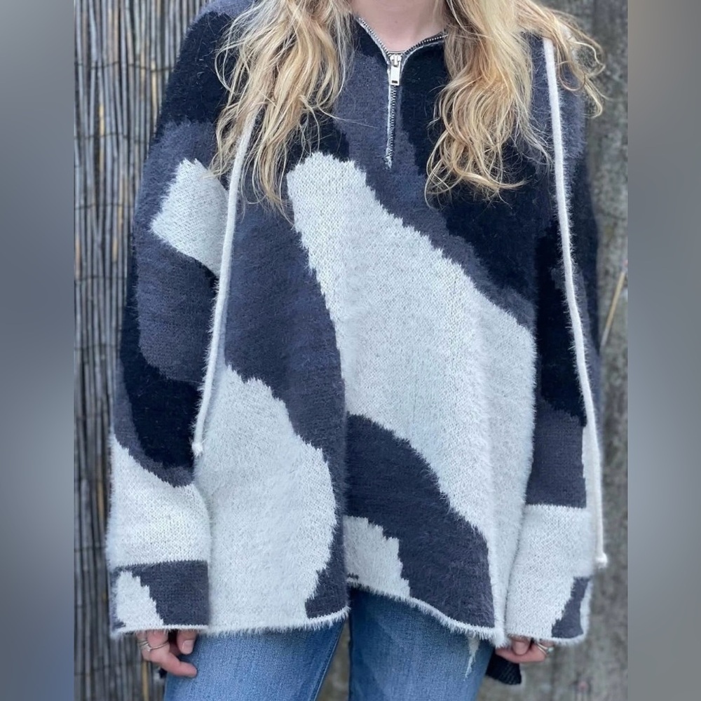 POL Black Gray Cream Women's Hooded 1/4 zip Oversized soft cozy Sweater